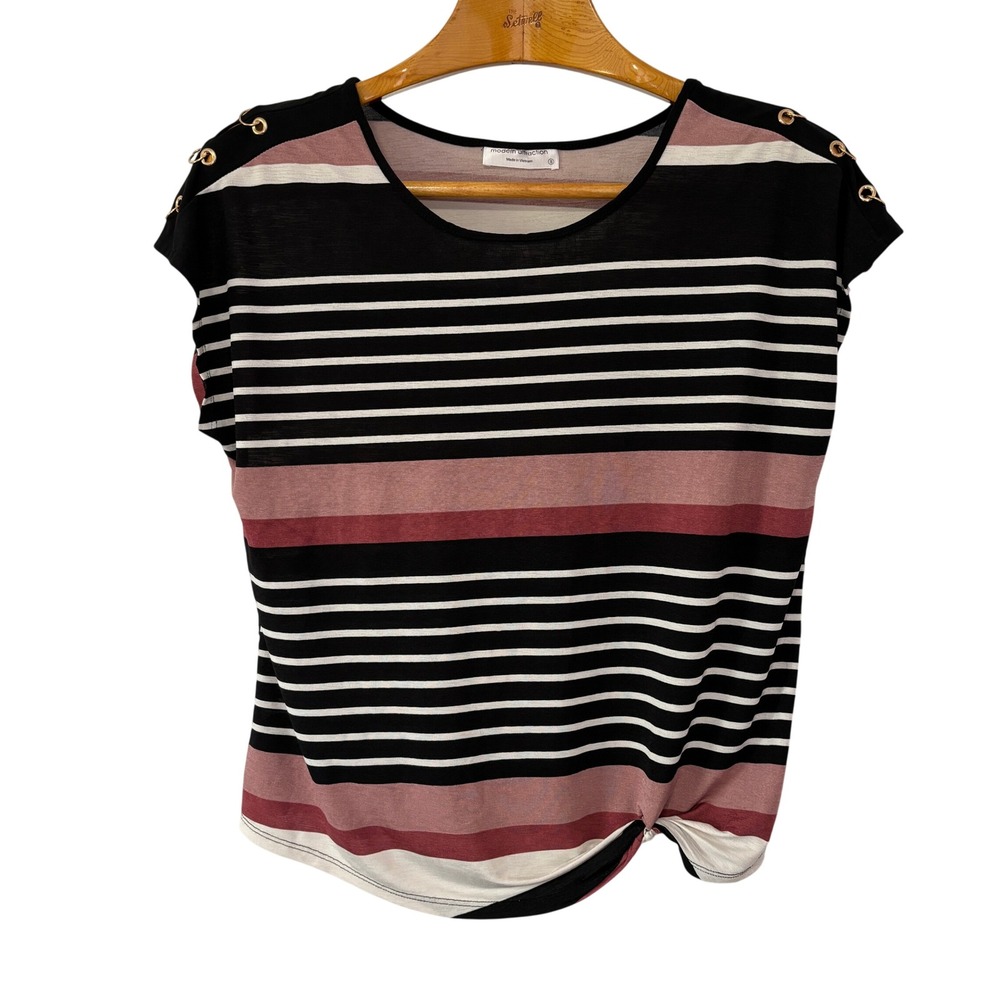 Modern Attraction Striped Knot Front Top Small Pink Black Gold Ring Shoulder